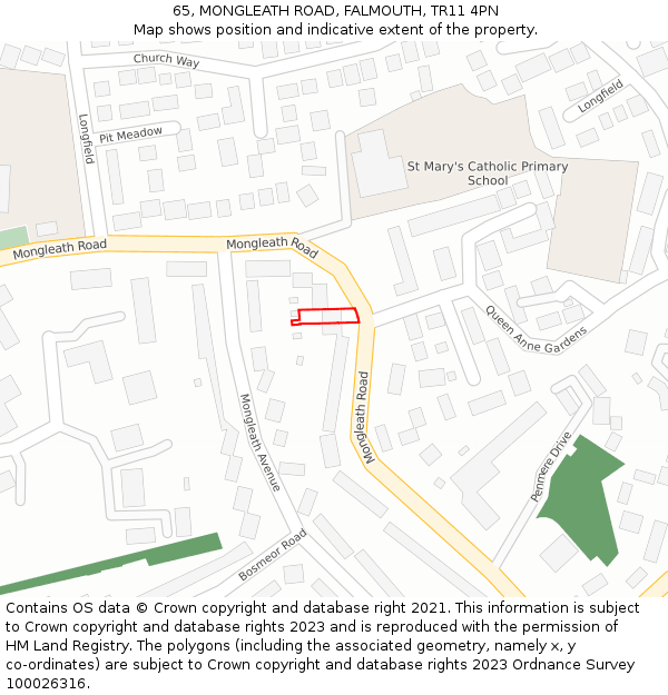 65, MONGLEATH ROAD, FALMOUTH, TR11 4PN: Location map and indicative extent of plot