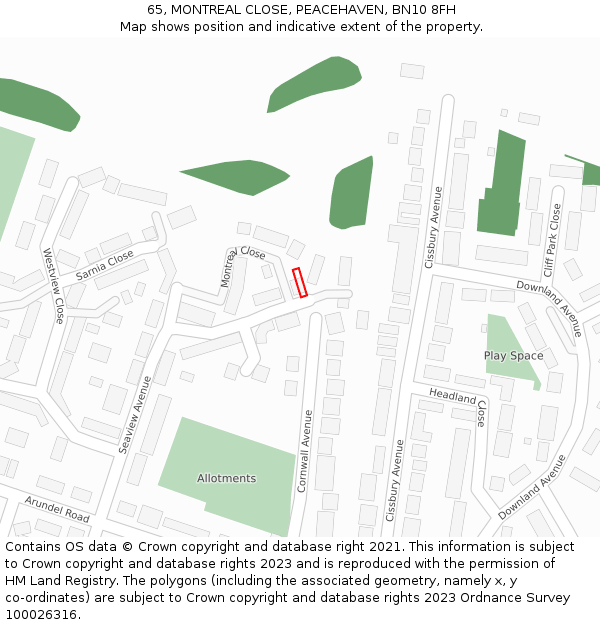 65, MONTREAL CLOSE, PEACEHAVEN, BN10 8FH: Location map and indicative extent of plot