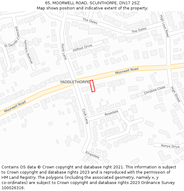 65, MOORWELL ROAD, SCUNTHORPE, DN17 2SZ: Location map and indicative extent of plot