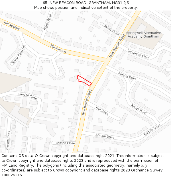 65, NEW BEACON ROAD, GRANTHAM, NG31 9JS: Location map and indicative extent of plot