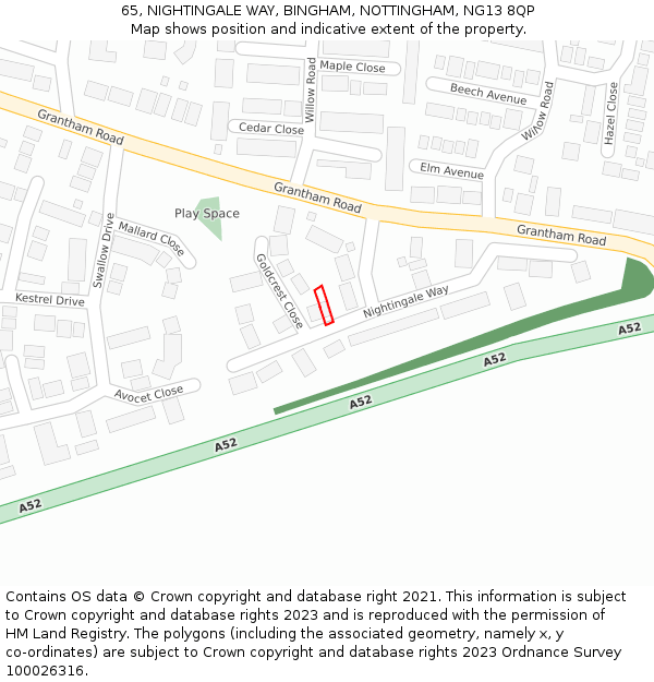 65, NIGHTINGALE WAY, BINGHAM, NOTTINGHAM, NG13 8QP: Location map and indicative extent of plot