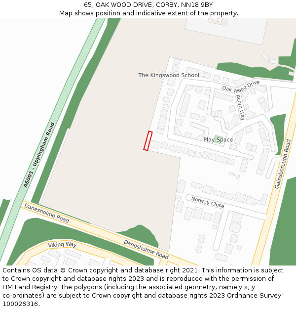 65, OAK WOOD DRIVE, CORBY, NN18 9BY: Location map and indicative extent of plot