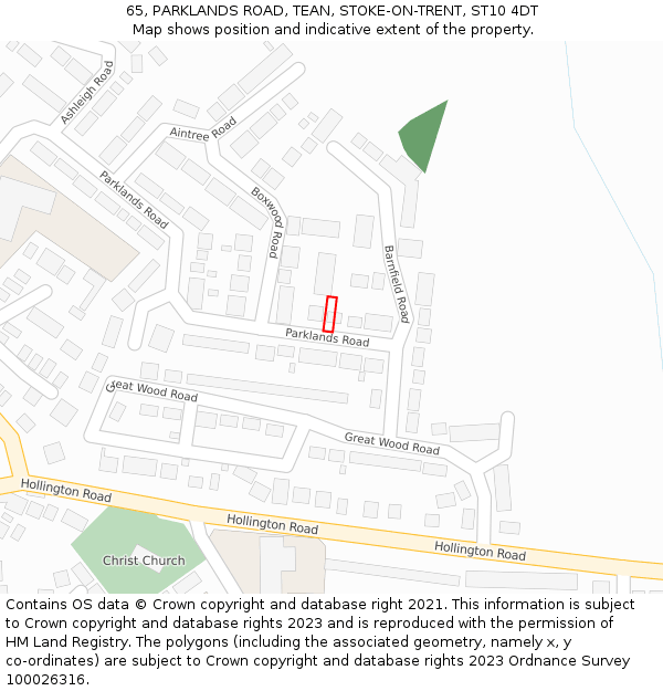 65, PARKLANDS ROAD, TEAN, STOKE-ON-TRENT, ST10 4DT: Location map and indicative extent of plot