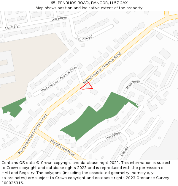 65, PENRHOS ROAD, BANGOR, LL57 2AX: Location map and indicative extent of plot