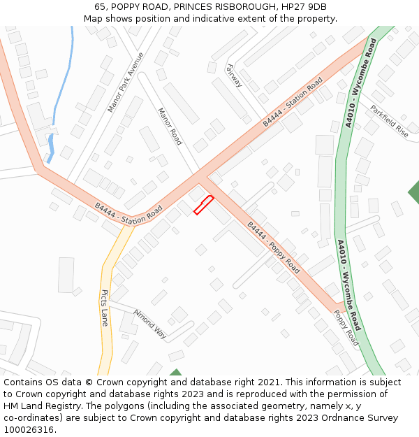 65, POPPY ROAD, PRINCES RISBOROUGH, HP27 9DB: Location map and indicative extent of plot