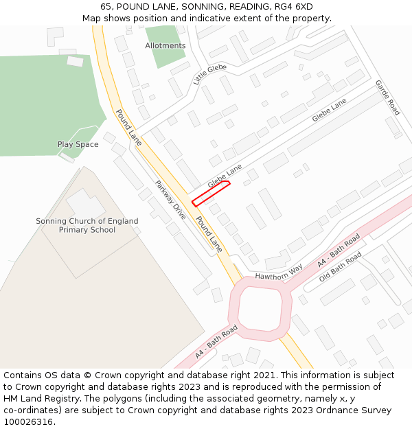 65, POUND LANE, SONNING, READING, RG4 6XD: Location map and indicative extent of plot