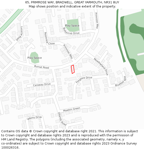 65, PRIMROSE WAY, BRADWELL, GREAT YARMOUTH, NR31 8UY: Location map and indicative extent of plot