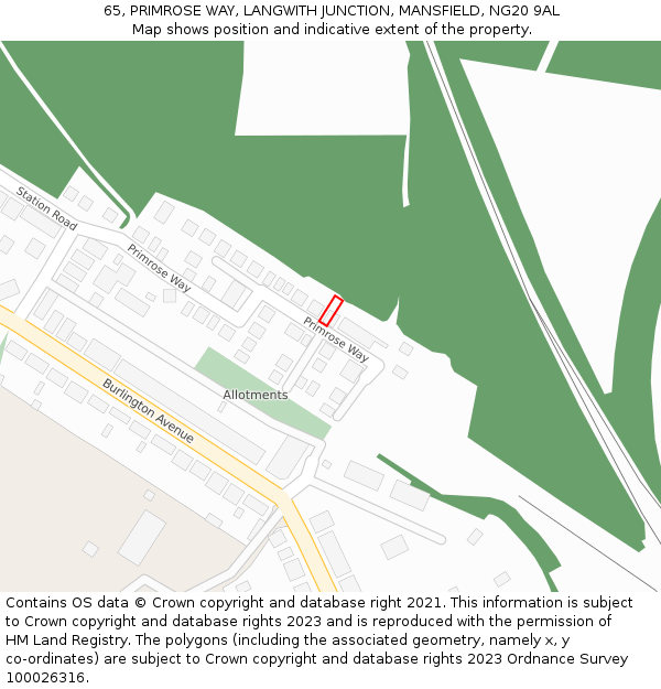 65, PRIMROSE WAY, LANGWITH JUNCTION, MANSFIELD, NG20 9AL: Location map and indicative extent of plot