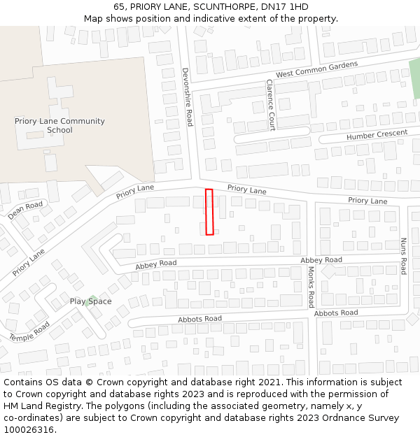 65, PRIORY LANE, SCUNTHORPE, DN17 1HD: Location map and indicative extent of plot