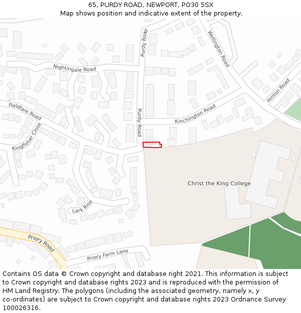 65, PURDY ROAD, NEWPORT, PO30 5SX: Location map and indicative extent of plot