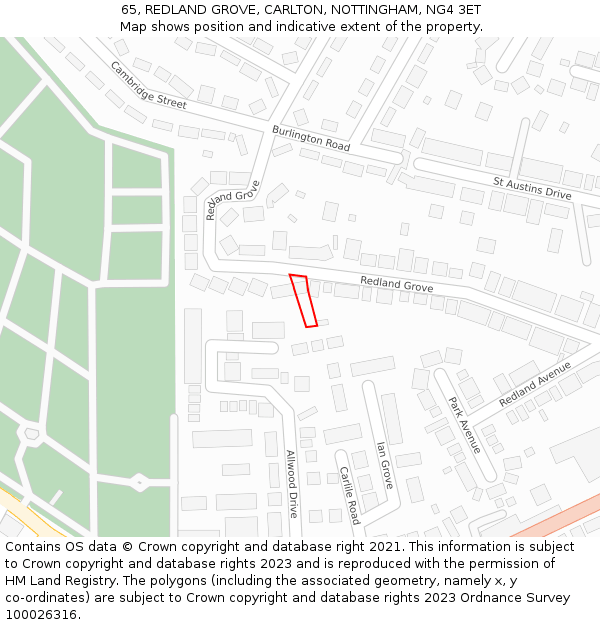 65, REDLAND GROVE, CARLTON, NOTTINGHAM, NG4 3ET: Location map and indicative extent of plot