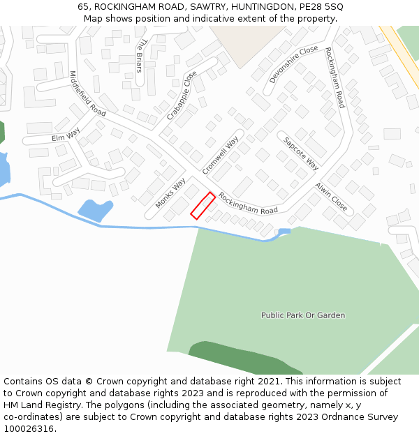 65, ROCKINGHAM ROAD, SAWTRY, HUNTINGDON, PE28 5SQ: Location map and indicative extent of plot