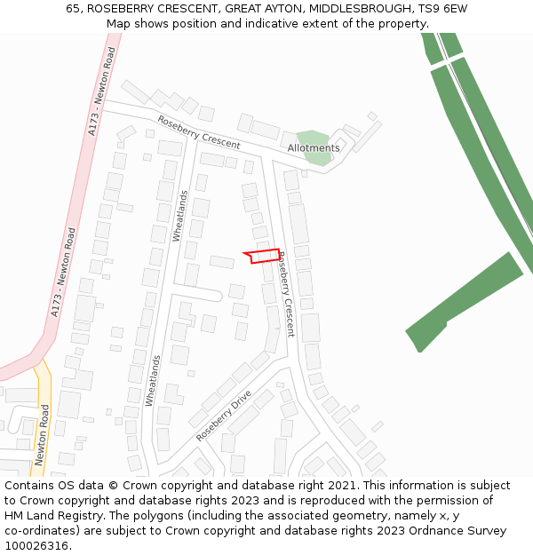 65, ROSEBERRY CRESCENT, GREAT AYTON, MIDDLESBROUGH, TS9 6EW: Location map and indicative extent of plot