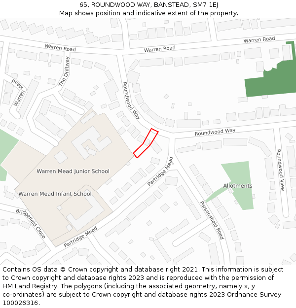 65, ROUNDWOOD WAY, BANSTEAD, SM7 1EJ: Location map and indicative extent of plot