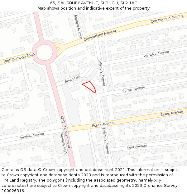 65, SALISBURY AVENUE, SLOUGH, SL2 1AG: Location map and indicative extent of plot