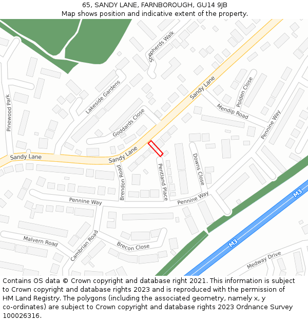 65, SANDY LANE, FARNBOROUGH, GU14 9JB: Location map and indicative extent of plot