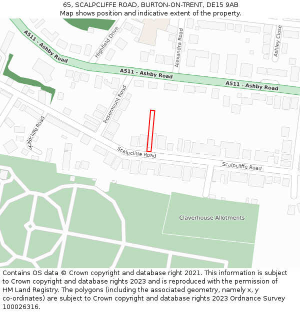 65, SCALPCLIFFE ROAD, BURTON-ON-TRENT, DE15 9AB: Location map and indicative extent of plot