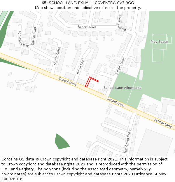 65, SCHOOL LANE, EXHALL, COVENTRY, CV7 9GG: Location map and indicative extent of plot