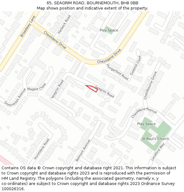 65, SEAGRIM ROAD, BOURNEMOUTH, BH8 0BB: Location map and indicative extent of plot