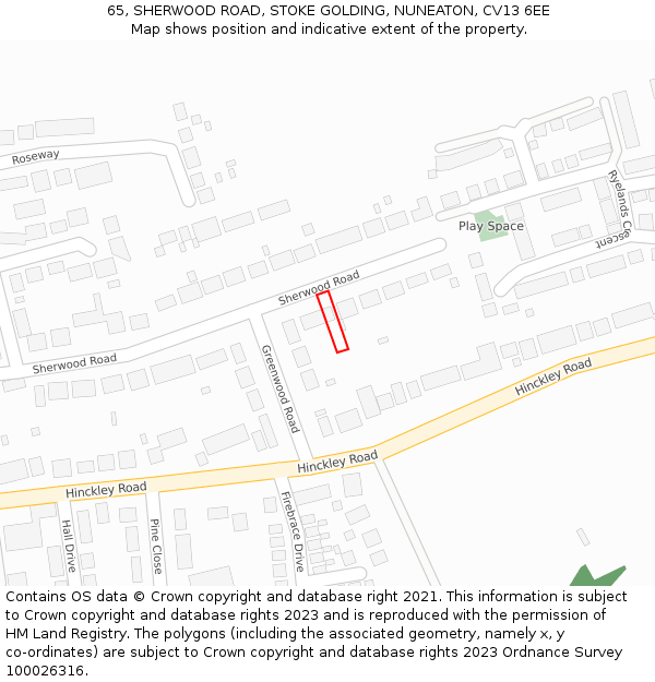 65, SHERWOOD ROAD, STOKE GOLDING, NUNEATON, CV13 6EE: Location map and indicative extent of plot