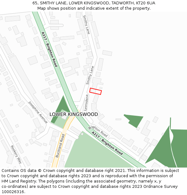 65, SMITHY LANE, LOWER KINGSWOOD, TADWORTH, KT20 6UA: Location map and indicative extent of plot