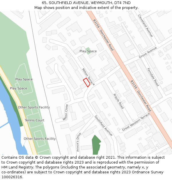 65, SOUTHFIELD AVENUE, WEYMOUTH, DT4 7ND: Location map and indicative extent of plot