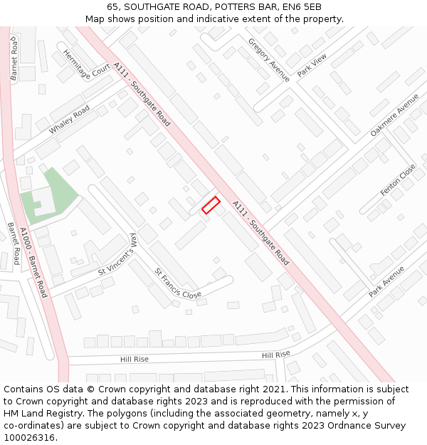 65, SOUTHGATE ROAD, POTTERS BAR, EN6 5EB: Location map and indicative extent of plot