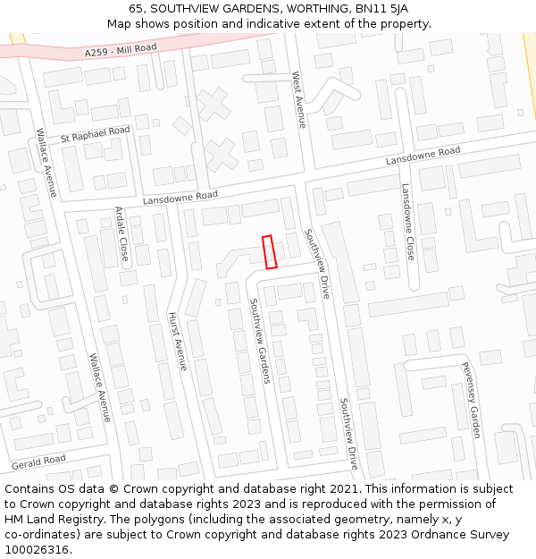 65, SOUTHVIEW GARDENS, WORTHING, BN11 5JA: Location map and indicative extent of plot