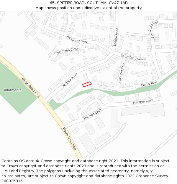 65, SPITFIRE ROAD, SOUTHAM, CV47 1AB: Location map and indicative extent of plot