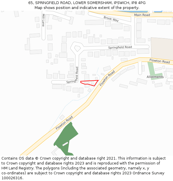 65, SPRINGFIELD ROAD, LOWER SOMERSHAM, IPSWICH, IP8 4PG: Location map and indicative extent of plot