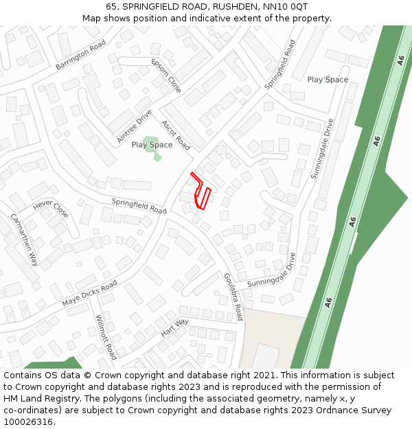 65, SPRINGFIELD ROAD, RUSHDEN, NN10 0QT: Location map and indicative extent of plot