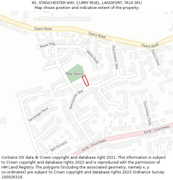 65, STANCHESTER WAY, CURRY RIVEL, LANGPORT, TA10 0PU: Location map and indicative extent of plot