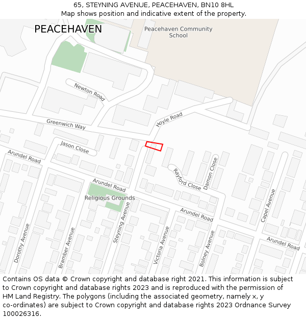 65, STEYNING AVENUE, PEACEHAVEN, BN10 8HL: Location map and indicative extent of plot