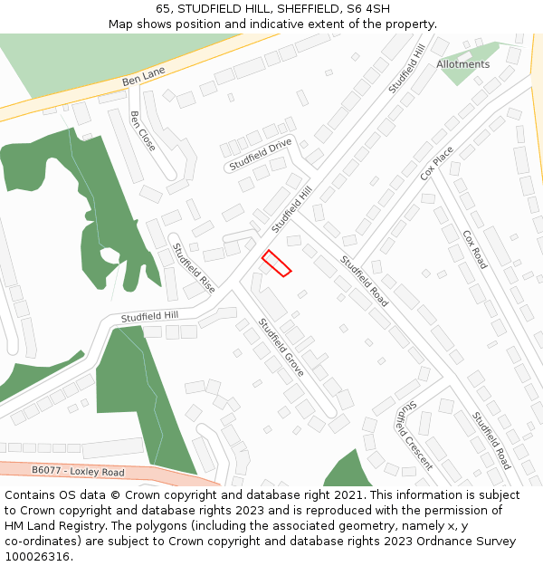 65, STUDFIELD HILL, SHEFFIELD, S6 4SH: Location map and indicative extent of plot