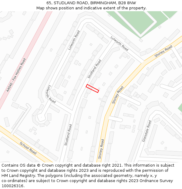 65, STUDLAND ROAD, BIRMINGHAM, B28 8NW: Location map and indicative extent of plot