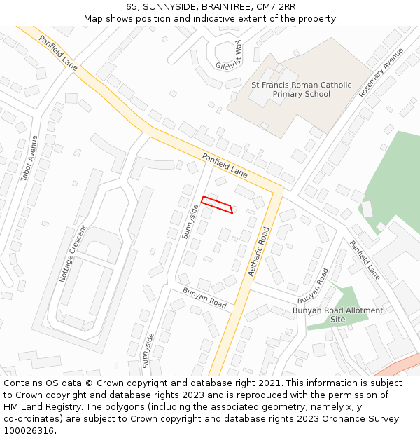 65, SUNNYSIDE, BRAINTREE, CM7 2RR: Location map and indicative extent of plot