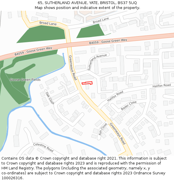 65, SUTHERLAND AVENUE, YATE, BRISTOL, BS37 5UQ: Location map and indicative extent of plot