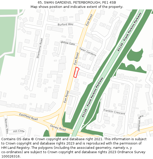 65, SWAN GARDENS, PETERBOROUGH, PE1 4SB: Location map and indicative extent of plot