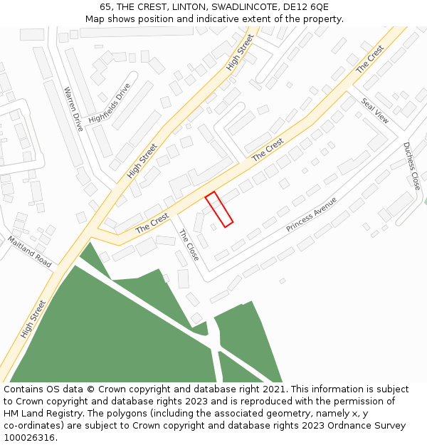 65, THE CREST, LINTON, SWADLINCOTE, DE12 6QE: Location map and indicative extent of plot