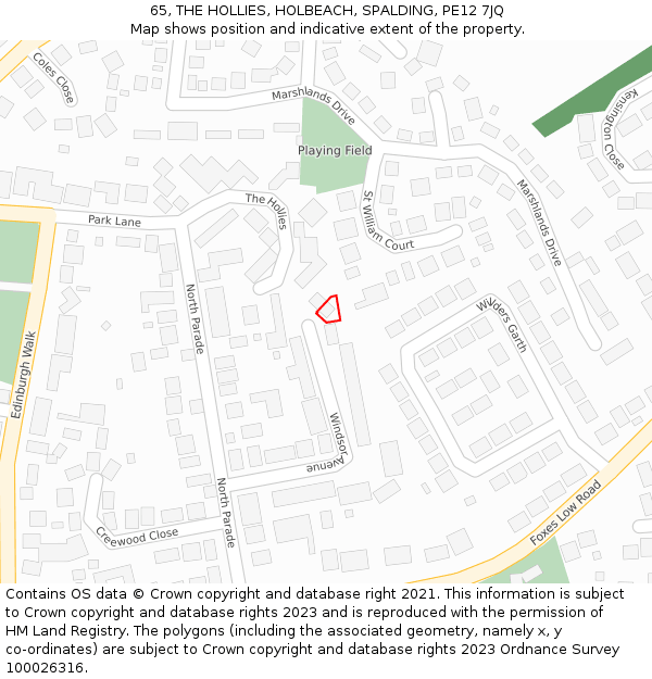 65, THE HOLLIES, HOLBEACH, SPALDING, PE12 7JQ: Location map and indicative extent of plot