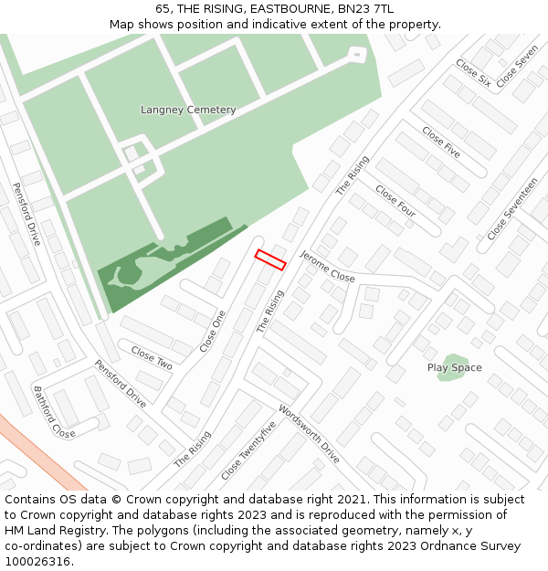 65, THE RISING, EASTBOURNE, BN23 7TL: Location map and indicative extent of plot