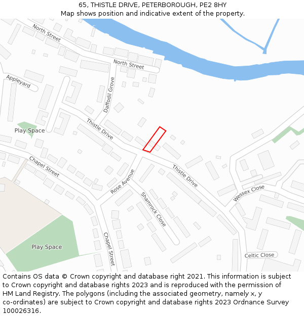 65, THISTLE DRIVE, PETERBOROUGH, PE2 8HY: Location map and indicative extent of plot