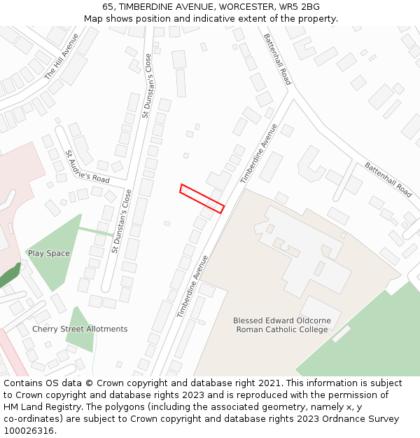 65, TIMBERDINE AVENUE, WORCESTER, WR5 2BG: Location map and indicative extent of plot