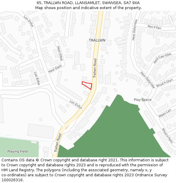 65, TRALLWN ROAD, LLANSAMLET, SWANSEA, SA7 9XA: Location map and indicative extent of plot