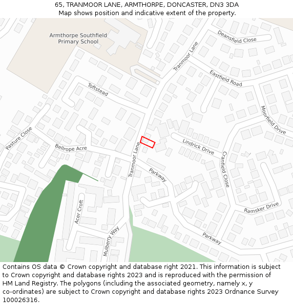 65, TRANMOOR LANE, ARMTHORPE, DONCASTER, DN3 3DA: Location map and indicative extent of plot
