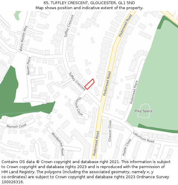 65, TUFFLEY CRESCENT, GLOUCESTER, GL1 5ND: Location map and indicative extent of plot