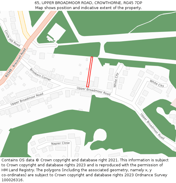 65, UPPER BROADMOOR ROAD, CROWTHORNE, RG45 7DP: Location map and indicative extent of plot