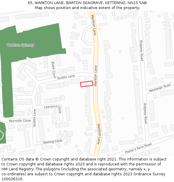 65, WARKTON LANE, BARTON SEAGRAVE, KETTERING, NN15 5AB: Location map and indicative extent of plot