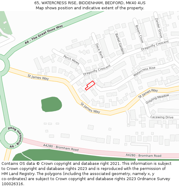 65, WATERCRESS RISE, BIDDENHAM, BEDFORD, MK40 4US: Location map and indicative extent of plot