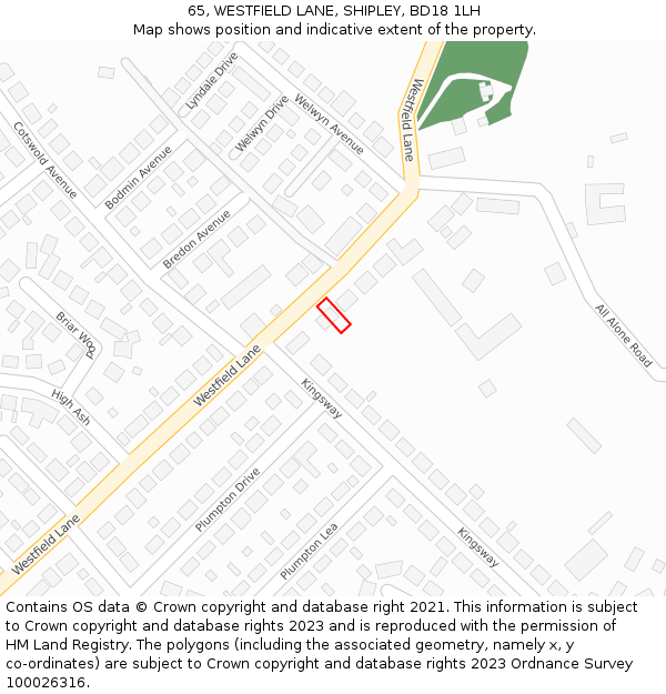 65, WESTFIELD LANE, SHIPLEY, BD18 1LH: Location map and indicative extent of plot